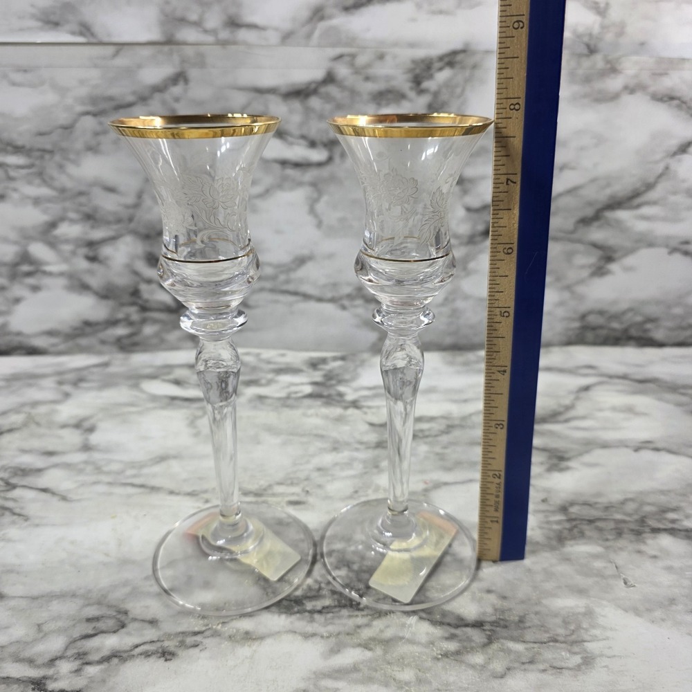 Crystal Glass Candle Holders Set of 2 Gold Rim Mikasa "Antique Lace" Vtg Stemmed - Picture 5 of 6